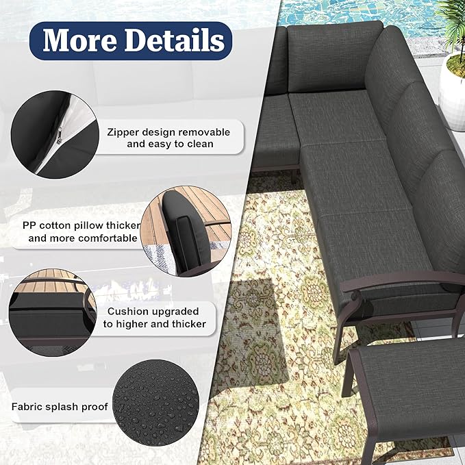 Kurapika Patio Furniture Set 10-Piece Aluminum Sectional Sofa with Armrest, Modern Outdoor Conversation Set, Metal Corner Sofa with Ottoman, Black
