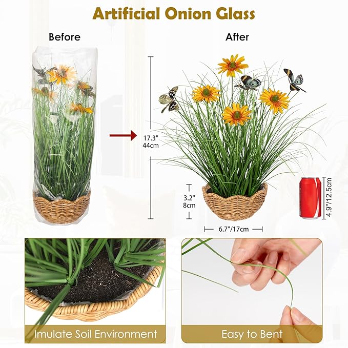 Artificial Plants Indoor with Pot, 17.3" Fake Potted Plants Artificial Onion Grass Plant with Yellow Daisies Flowers and Butterflies Small Faux Plant Indoor for Home Living Room Table Shelf Decor