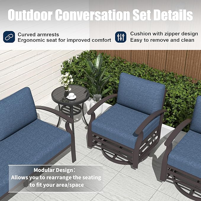 Kurapika Patio Furniture Set 10-Piece Aluminum Sectional Sofa with Armrest, Modern Outdoor Conversation Set, Metal Corner Sofa with Ottoman, Navy Blue
