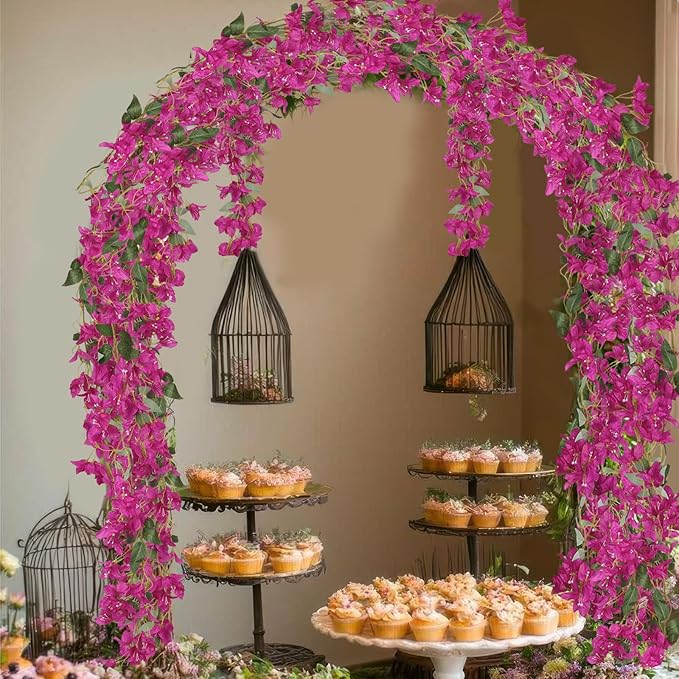 2 Pcs Bougainvillea Artificial Hanging Flowers Plants for Outdoors Fake Silk Bougainvillea Vines Fuchsia Artificial Flower Garland UV Resistant Faux Flowers for Planter Centerpieces Arch Decor