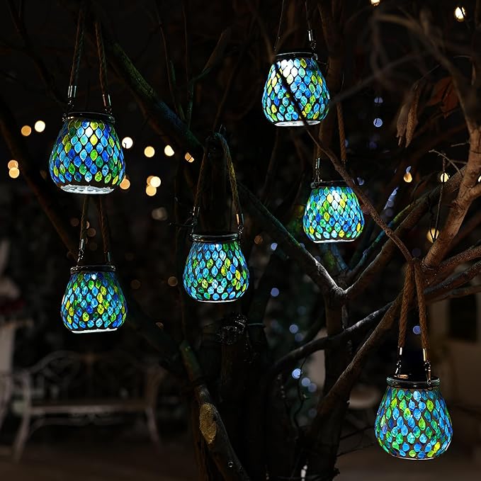 Cooo 2 Pack Mosaic Solar Lantern Outdoor Waterproof IP68 Hanging Projection Light Hidden Lid Pear-Shaped Lantern with Rope Handle Solar Powered Auto On for Patio Garden Fence Table - Azure Lattice