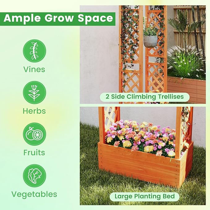 S AFSTAR Raised Garden Bed with Trellis, 2 Pieces Wood Planter Box with Hanging Roof & Drainage Holes for Climbing Plants, Vines, Flowers & Vegetables, Indoor Outdoor Plant Container for Patio & Yard