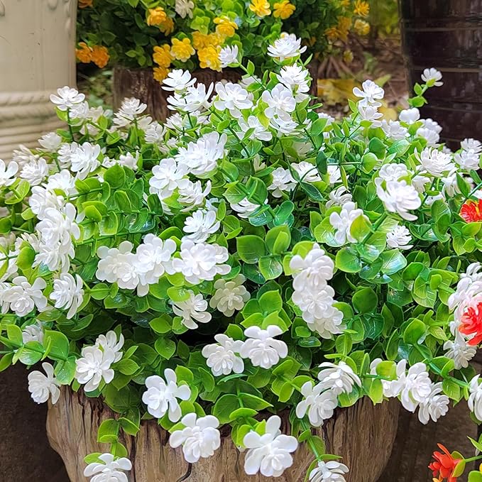 12 Bundles Artificial Flowers for Outdoors, UV Resistant Fake Flowers with Plastic Plants, Faux Flowers for Outside Window Box Front Porch Hanging Planter Decor (White)