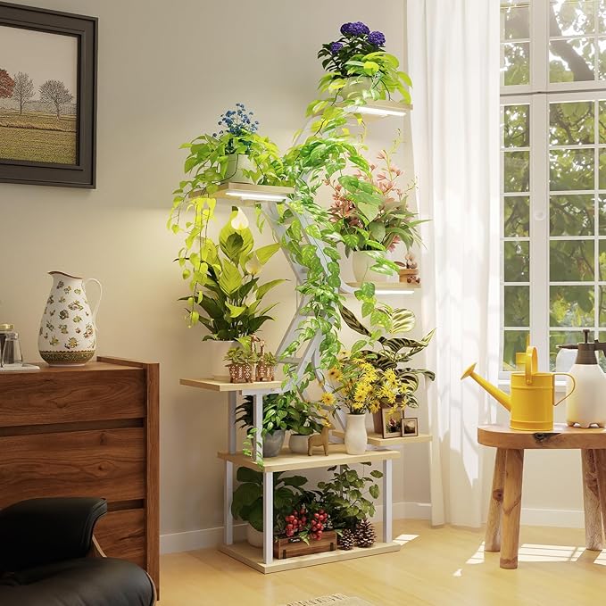 White Plant Shelves with Grow Lights: 7-Tier 65" Tall Stand for Indoor Corners, Living Room Display or Bedroom Gardening Rack