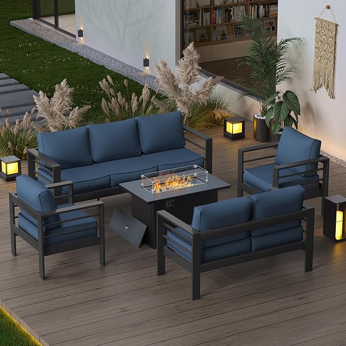 Patio Furniture Set with Fire Pit Table, Aluminum Patio Furniture Set,Grey and Blue Outdoor Metal Sectional Sofa with Aluminum Fire Pit Table for Garden Backyard (Include Waterproof Cover)