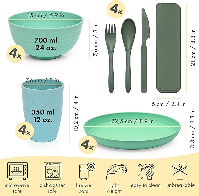 FOODLE Wheat Straw Dinnerware Set - BPA Free & Safety Tested - Microwave & Dishwasher Safe Dishes - Perfect for Camping, Picnic, RV, Dorm - Plates, Cups and Bowls - Great for Kids & Adults - For 4