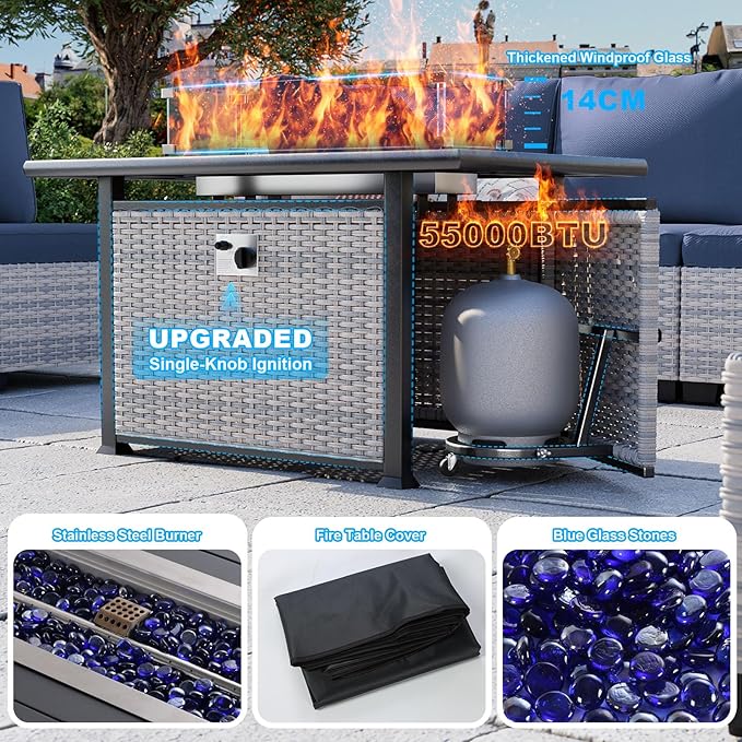 11-Piece Patio Furniture Set, Outdoor Patio Furniture with Fire Pit Table, Swivel Chairs Set, Thick Cushions, Modular Patio Sofa, Dual-Strand Wicker Rattan, Rust-Resistant Frame, Navy Blue