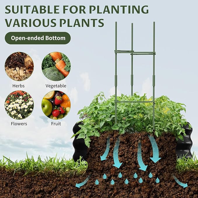 SUNYRISY 3 Pcs Galvanized Raised Garden Bed with Tomato Cages Trellis, Metal Outdoor Planter Garden Box with Plant Stakes Support for Climbing Plants Gardening Flowers Vegetables Herbs, Black