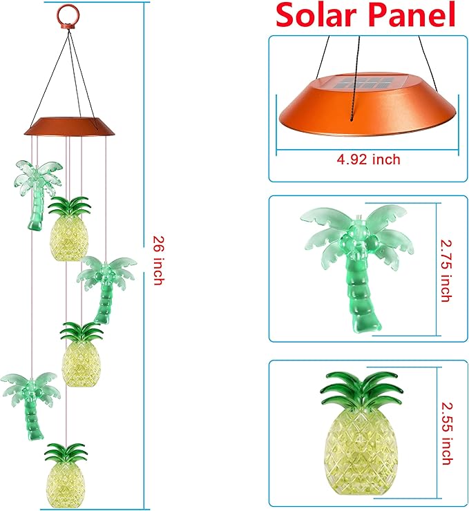 Solar Coconut Tree Pineapple LED Wind Chimes Outdoor - Waterproof Solar Powered Changing Light Color Trees Pineapples Mobile Romantic Wind-Bell for Home, Party, Festival Decor, Night Garden Decoration