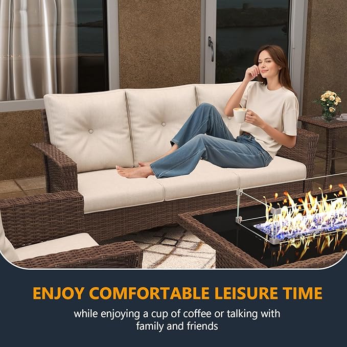 7 Pieces Outdoor Patio Furniture Set with Fire Pit Table, Wicker Patio Sectional Set Conversation Wicker Swivel Chairs with Small Side Table