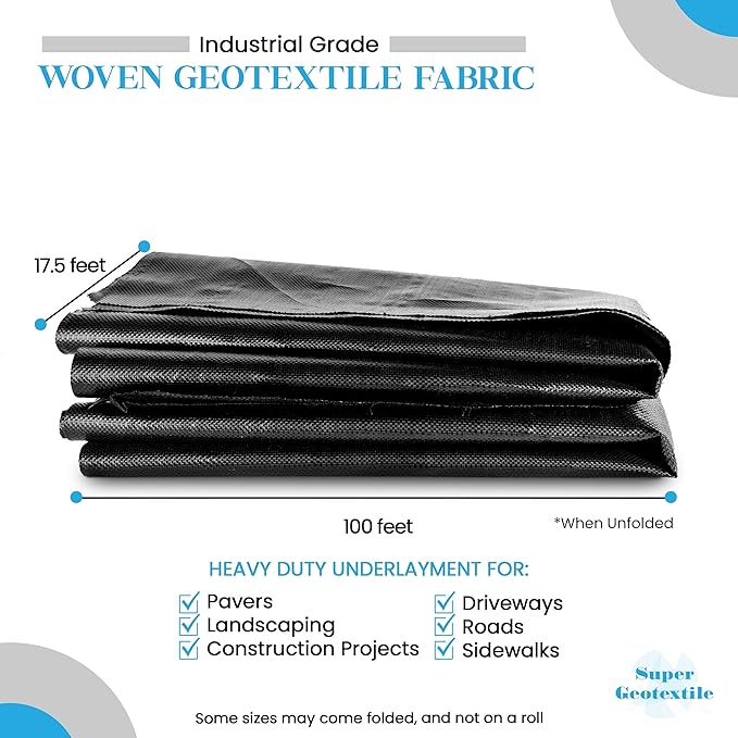 Woven Geotextile Fabric for Driveway and Road Stabilization, Construction Underlayment, Erosion Control, Commercial Grade 50 Year for Gravel Roads and Pavers (17.5x100) Ships Folded
