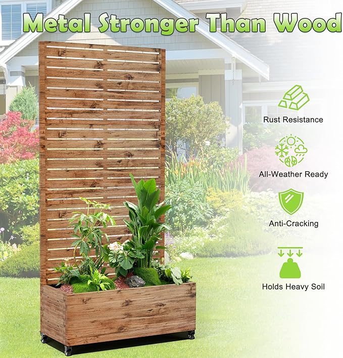 15.7"×70.9"×35.4" Metal Raised Garden Bed with Trellis and Wheels - Tall Trellis Planter Box for Climbing Plants, Vegetables & Vines - Outdoor Privacy Planters for Patio (Natural Wood Grain)