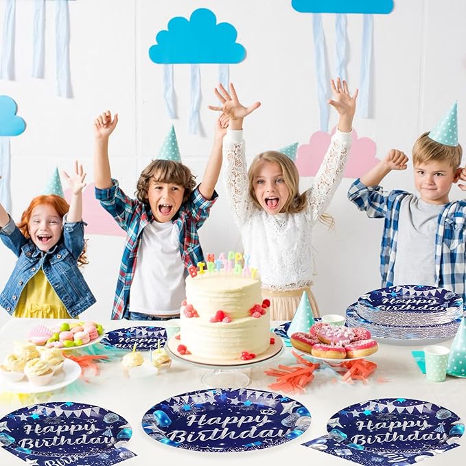 96Pcs Blue Birthday Party Supplies 350 GSM Navy Blue and Silver Plates and Napkins Disposable Tableware Sets Blue Happy Birthday Party Decorations for Men Women Birthday Party Favors Serves 24