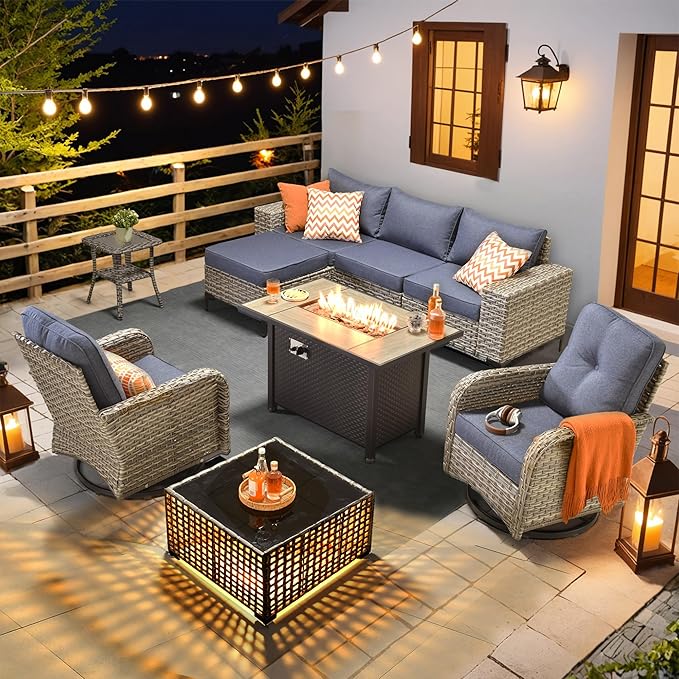HOOOWOOO Outdoor Sectional Furniture Set with Fire Pit Table,9 Pieces Wicker Patio Conversation Sets,L Shape All Weather Outside Couch Sofa Set with Swivel Chairs Solar Light Table Ottoman,Denim Blue