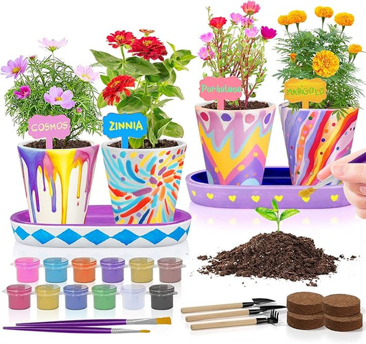 4 Set Paint & Plant Flower Gardening Kit - Gifts for Girls Ages 8-12, Arts and Crafts for Kids Ages 8-12, Kids Gardening Set, Toys Birthday for Girls Boys Ages 6 7 8 9 10 11 12