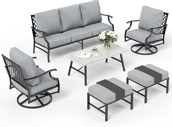 6 Piece Metal Outdoor Patio Furniture Set, Patio Conversation Sets 1 3-seater Sofa, 2 Swivel Chair, 2 Ottomans with 5.75" Thick Cushion and Coffee Table, Black Backyard Furniture, Gray