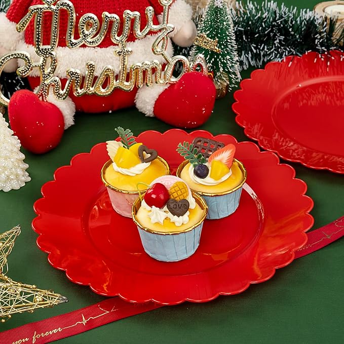 SUT 72Pcs Red Plastic Plates,10.25inch Red Dinner Plates, Disposable Dinner Plates, Red Heavy Duty Plastic Plates, Disposable Plates, Red Scallop Plastic Plates for Party