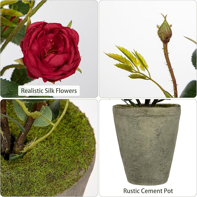 Artificial Flower Plants Camellia Red Roses Faux Potted Plant with Cement Pot Fake Silk Flower Rose Camellias Flower Arrangement Office Home Decor Bathroom Shelf Desk Decoration 15 Inch