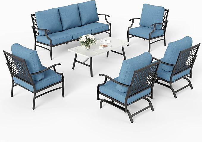 6 Piece Metal Outdoor Patio Furniture Set, Patio Conversation Set 1 3-Seater Sofa, 2 Rocking Chair, 2 Leg Chair with 5.75" Thick Cushion and Coffee Table, Backyard Furniture Set, Navy