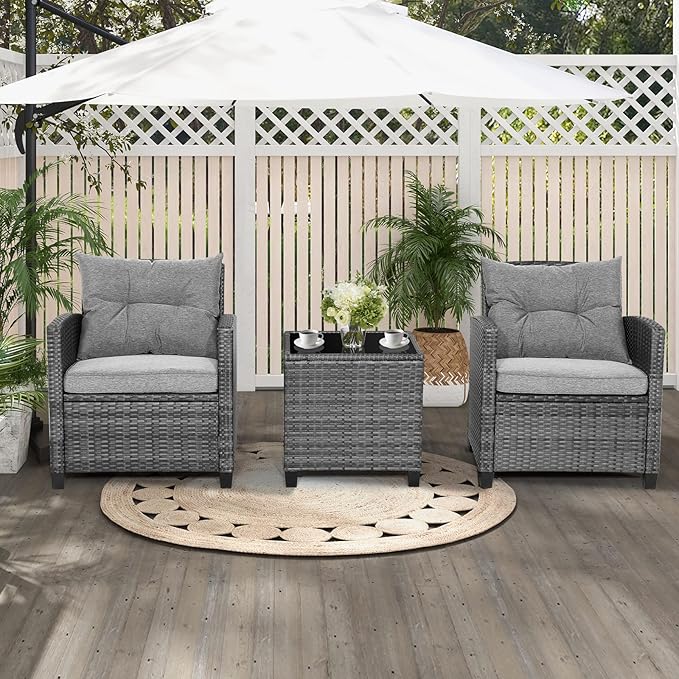 HAPPYGRILL 3 Pieces Patio Conversation Set, Outdoor Furniture Set PE Rattan Sofa Set with Removable Cushions, PE Wicker Chairs with Tempered Glass Side Table for Porch Lawn Garden Balcony Backyard