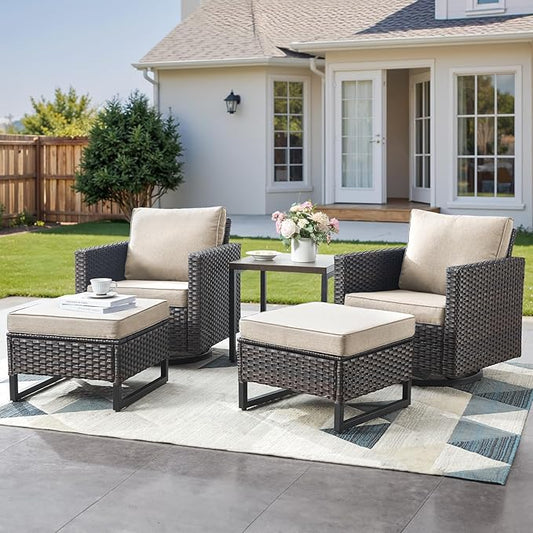 Patio Furniture Set with Swivel Chairs-5 Piece Outdoor Swivel Rocker Patio Chairs with Ottomans Rattan Side Table, Comfy Cushion Outdoor Furniture Set for Porch Deck Garden Backyard(Brown/Beige)