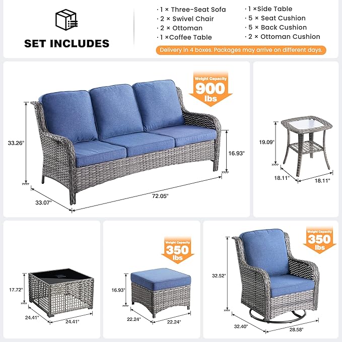 ovios 7 Pieces Patio Furniture Set, Outdoor Wicker Sofa Couch with Swivel Chairs Solar Lights Table, All Weather High Back Modern Conversation Sets, Grey Rattan, Denim Blue