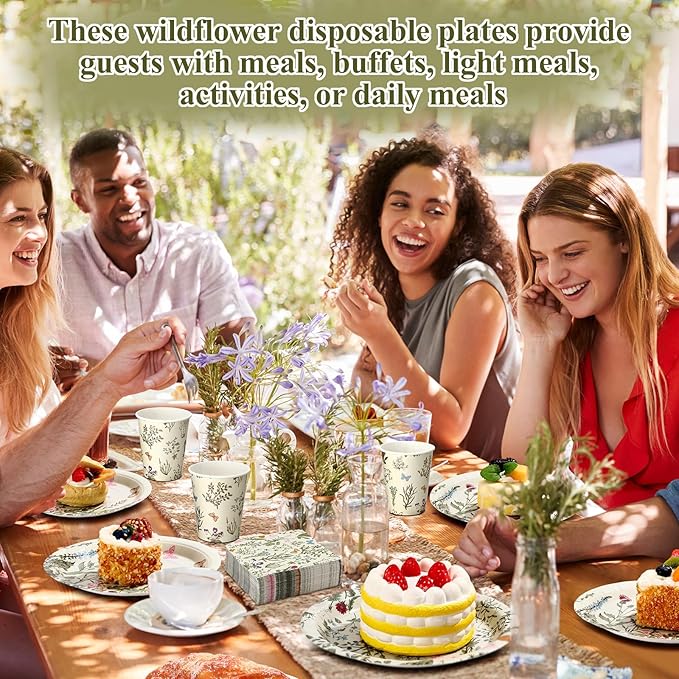 250 Pcs Wildflower Party Decorations Include Spring Summer Floral Paper Plates Napkins and Cups for Wildflower Baby Shower Tea Decorations, Serve 50 Guest(Light Green,Vintage Style)