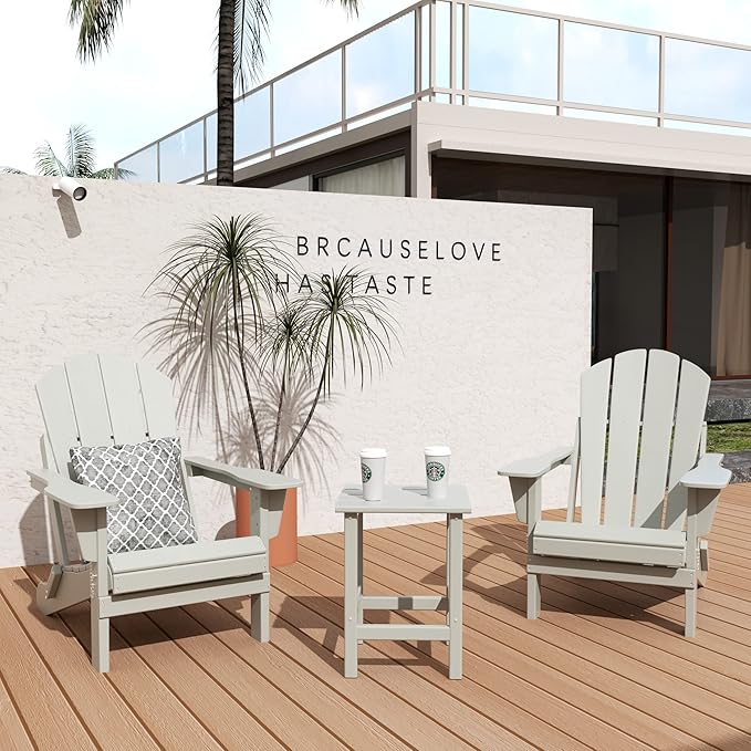 WO Home Furniture Adirondack Chairs Table Set of 3 PCS Outdoor Folding Chairs Side End Table Weather/UV Resistant for Lawn, Garden, Bon Fire, Balcony (Sand)