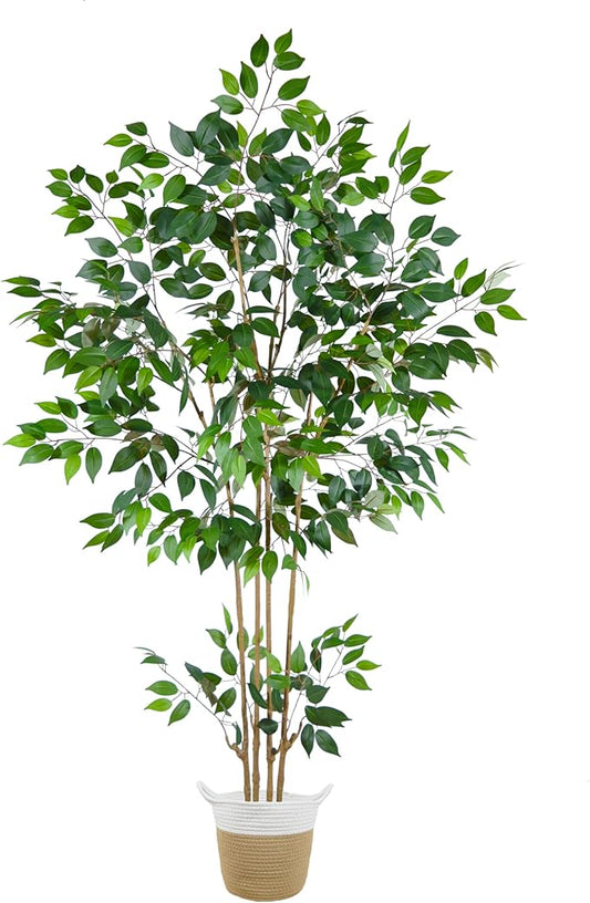 Artificial Ficus Tree, 6ft Tall Silk Fake Ficus Leaves Plant with Basket, Indoor Outdoor Faux Greenery Tree for Home Garden Office House Livingroom Décor