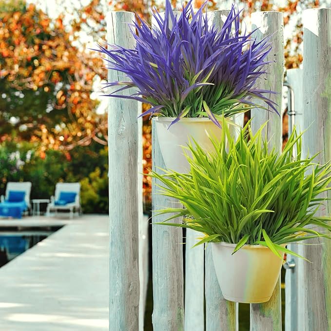 Outdoor Artificial Plants 8 Bundles Fake Plants Grass UV Resistant Fake Flowers Bush Greenery,17Inch Tall Faux Grass Shrubs for Home Porch Pathway Garden Décor Outside Indoor (Green)