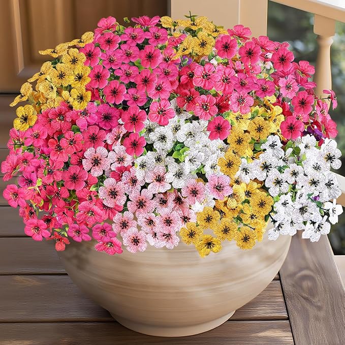 14 Bundles Artificial Flowers UV Resistant for Patio Outdoors Fake Faux Silk Plants Realistic Plastic Flowers Indoors Porch Window Home Decoration (14, Mixed Fuchsia Yellow Pink White)