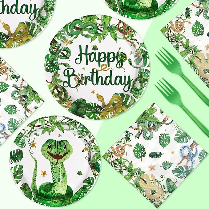 96 Pcs Snake Birthday Party Supplies Reptile Jungle Swamp Snake Plates and Napkins Tableware Sets Reptile Party Decorations Favors for Kids Camping Alligator Wilderness Wildlife Theme Decor,Serves 24