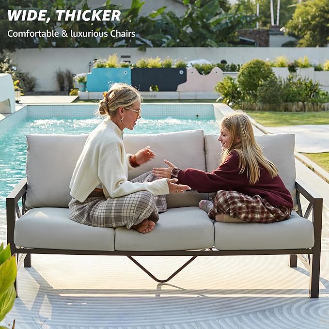 NATURAL EXPRESSIONS 4 Pieces Patio Furniture Set, Outdoor Furniture Sofa Sectional Modern Metal Patio Conversation Set with High Back Backrest & 3 Seater Loveseat and 2 Motion Rocker