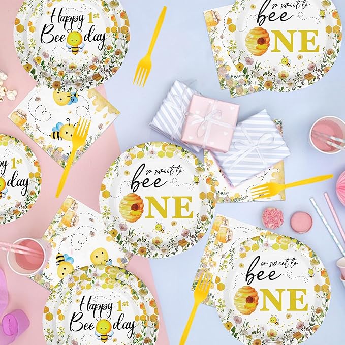 96Pcs Bee 1st Birthday Party Supplies Honey Bee Baby Shower Plates and Napkins Tableware Sets So Sweet to Bee One Birthday Party Decorations for Bee Day One Years Old Birthday Party Favors,Serves 24