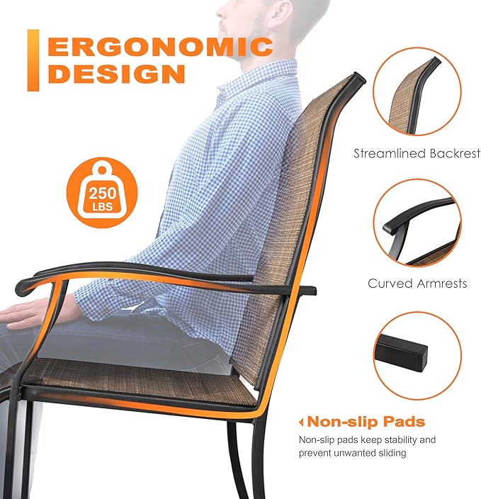 NUU GARDEN Set of 2 Patio Dining Chairs, High Back Textilene Chairs with Armrest for Indoor Outdoor Use, Iron Frame Patio Furniture Chairs for Garden Deck Backyard Kitchen Restaurant, Black and Brown