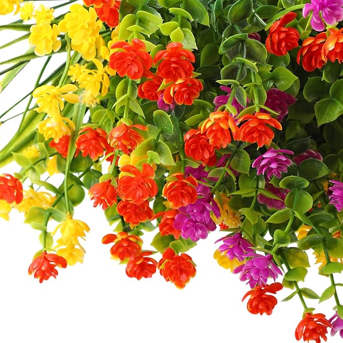 WILLBOND 48 Bundles Artificial Flowers Outdoor,UV Resistant Faux Plastic Plants Greenery Shrubs Flower Bulk for Hanging Planter Porch Window Home Wedding Spring Summer Decor (Bright Color)
