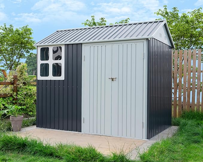 VanAcc 8x6x7.5 FT Shed 4-pane Window Nordic Cottage Storage Shed Outdoor Metal Garden House Double Hinged Lockable Doors for Backyard Garden Patio Lawn Dark Grey/White