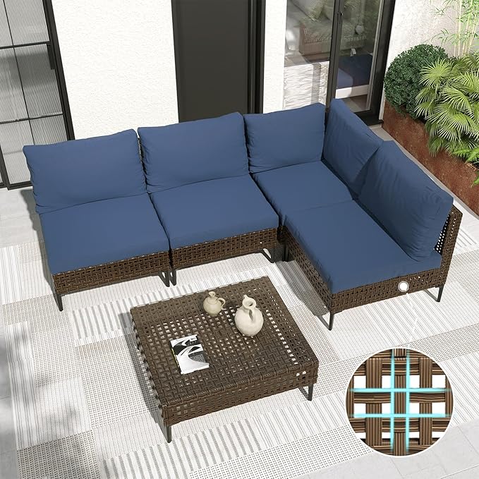 Grand patio 5-Piece Wicker Patio Furniture Set, Retro Outdoor Sectional Sofa with Water Resistant Blue Thick Cushions Coffee Table, Brown