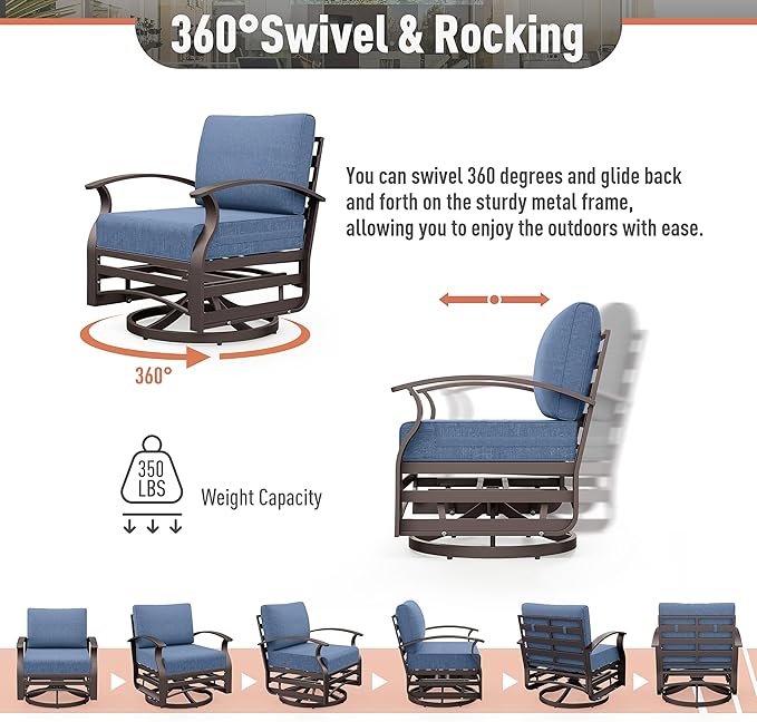 Kurapika Aluminum Patio Furniture Set 7-Seat Modern Metal Outdoor Conversation Sets w/45in Propane Fire Pit Table, Swivel Rocking Chairs Patio Sectional Sofa w/5.1 Inch Cushion, Navy Blue