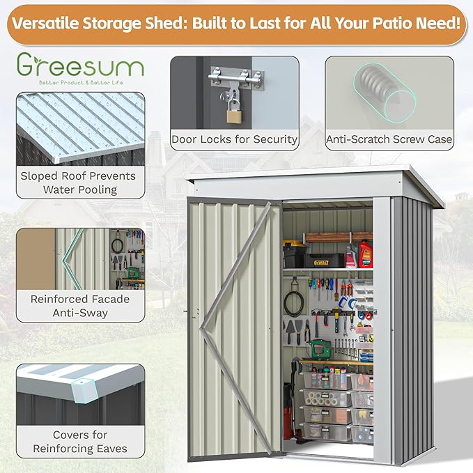 Greesum 5×3 FT Outdoor Storage Shed, Metal Storaged Sheds Without Floor, Tool Sheds with Lockable Doors and Slooping Roof for Garden, Patio, Backyard, Gray