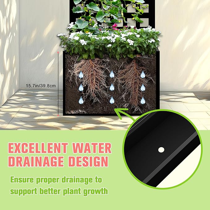 Metal Planter Box with Trellis, Raised Garder Bed with Drainage Hole, Privacy Screen & Trellis for Climbing Plants, Outdoor Plant Stands, 24''L×12''W×63''H, Black
