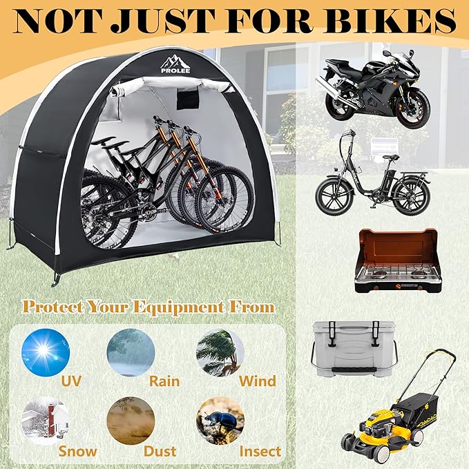 PROLEE Bike Shed 6.6FT, Waterproof Oxford Fabric Storage Tent for 2 Bikes, Outdoor Storage with Window Design, Black