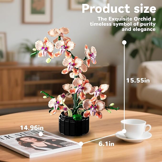 Orchid Building Sets Artificial Flowers Plant Gifts for Her Adults Girls Botanical Collection for Home Kitchen Desk Decor