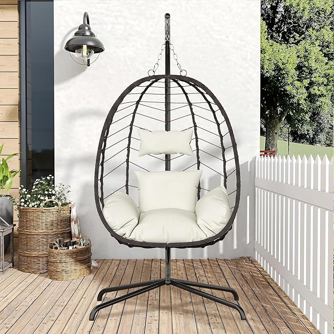 Hanging Egg Chair with Stand, Swinging Egg Chair Outdoor Indoor, Hanging Basket Chair with Cushion, Patio Wicker Hammock Chair 350lbs Capacity for Bedroom, Balcony, Backyard, Garden (Beige)