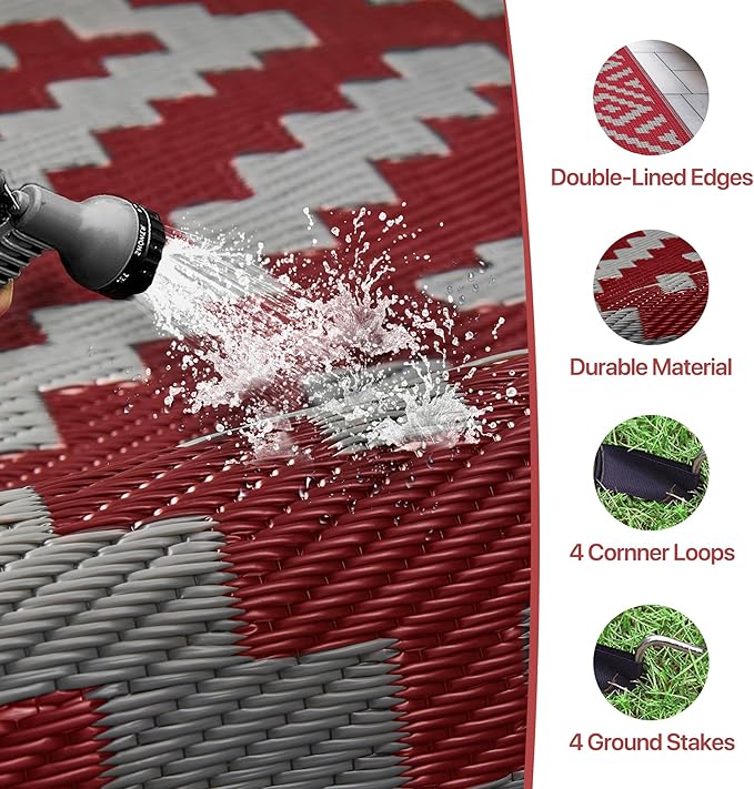 GENIMO Outdoor Rug for Patio Clearance, 6'x9' Reversible Plastic Straw Rugs, Lightweight Waterproof RV Camping Mat for Camper, Balcony, Deck, Backyard, Picnic, Red Grey
