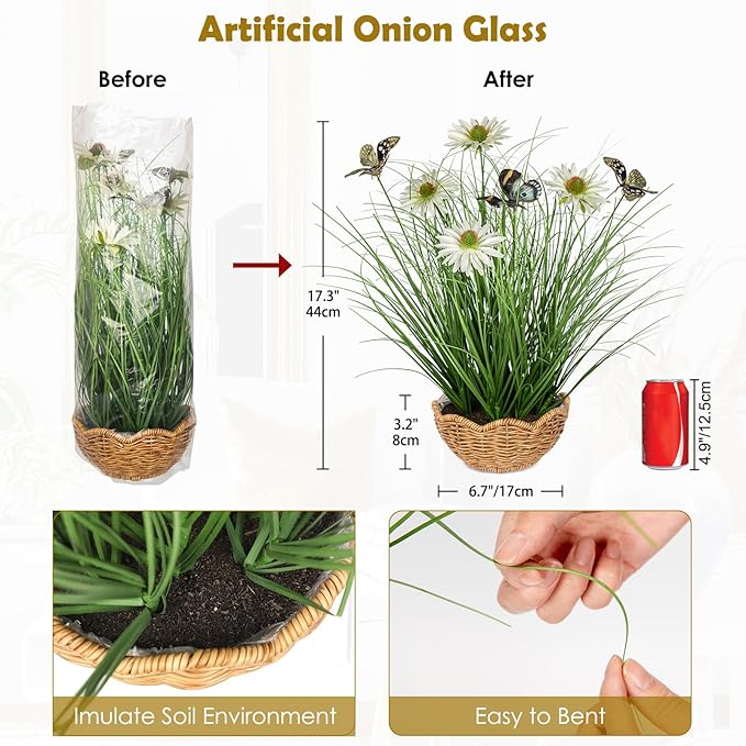 Artificial Plants Indoor with Pot, 17.3" Fake Potted Plants Artificial Onion Grass Plant with White Daisies Flowers and Butterflies Small Faux Plant Indoor for Home Living Room Table Shelf Decor
