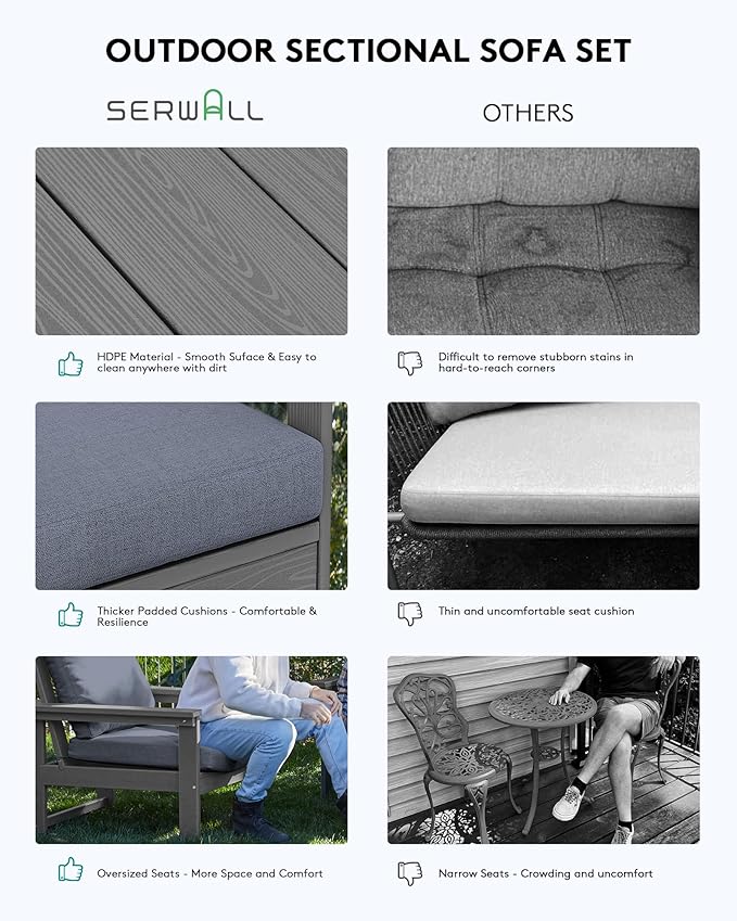 SERWALL Outdoor Patio Sofa Set, 2-Piece HDPE Single Seat Outdoor Sofa Chair with Padded Cushions, Gray Frame with Gray Cushion