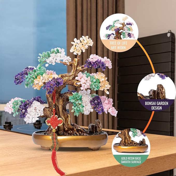 Natural Chakra Gemstone Crystal Bonsai Tree of Life Large Feng Shui Money Tree for Luck and Wealth Desk Decoration(1,251 Gem Count)