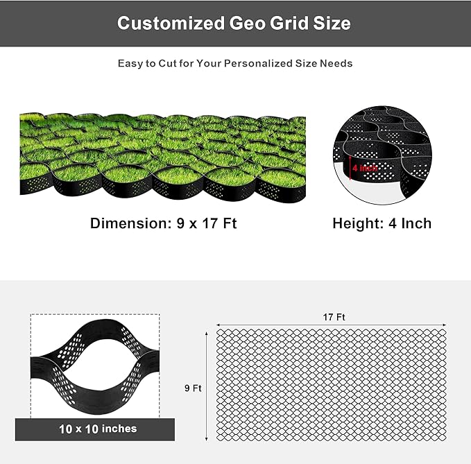 4" Thick Groud Grid Geo Grid for Gravel 9ft x 17ft, Geocell for Driveway Walkway with1885 LBS Per Sq Strength, Foldable and Expandable Stabilization System for DIY Patio, Pathways, Slopes & Gardens