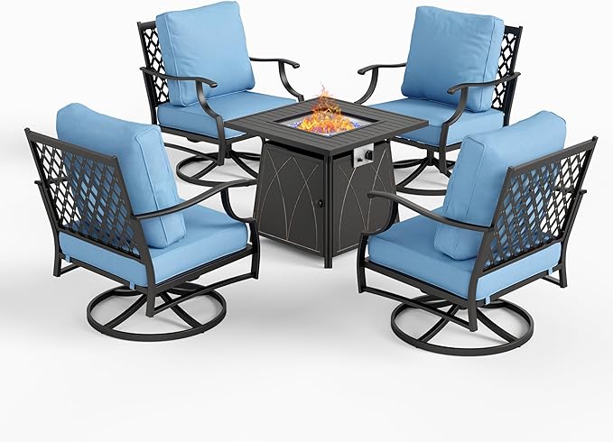 5 Piece Metal Outdoor Patio Furniture Set with Fire Pit Table, Patio Conversation Sets 4 Swivel Chairs with 5.75" Thick Cushion and 5000 BTU Fire Pit Table, Backyard Furniture, Blue